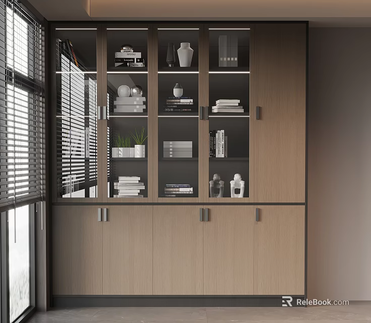 Modern Wooden File Cabinet With Glass Doors Multiple Shelves And Decorative Items 3d model 