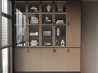 Modern Wooden File Cabinet With Glass Doors Multiple Shelves And Decorative Items 3d model