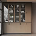 Modern Wooden File Cabinet With Glass Doors Multiple Shelves And Decorative Items