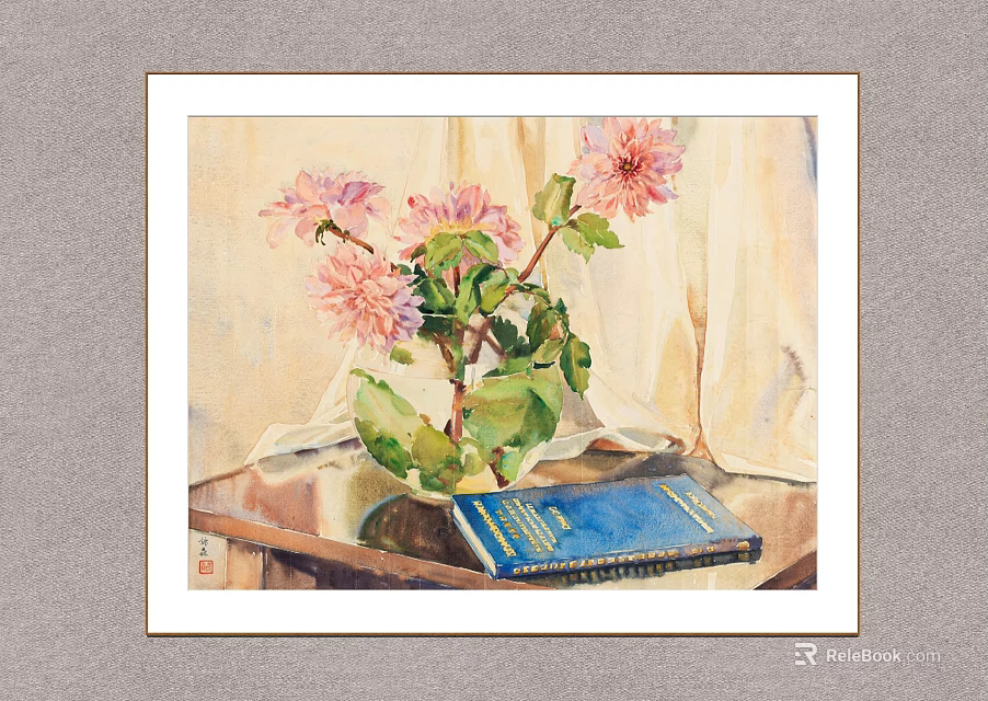 Painting of Pink Flowers in Vase on Table with Blue Book 3d model 
