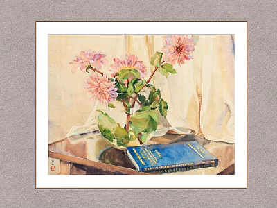 Painting of Pink Flowers in Vase on Table with Blue Book 3d model