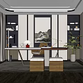 Modern Chinese Study Room Interior With Built in Bookshelves Writing Desk And Landscape Painting