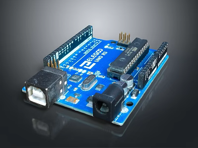 Blue Microcontroller Circuit Board Featuring Electronic Components Pins And USB Interface 3d model