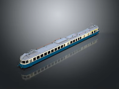 Blue And White Passenger Train Model With Multiple Cars On Dark Background 3d model