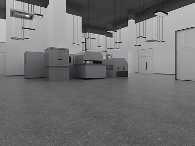 Spacious Industrial Warehouse Interior With Large Gray Equipment And Hanging Lights 3d model