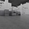 Spacious Industrial Warehouse Interior With Large Gray Equipment And Hanging Lights