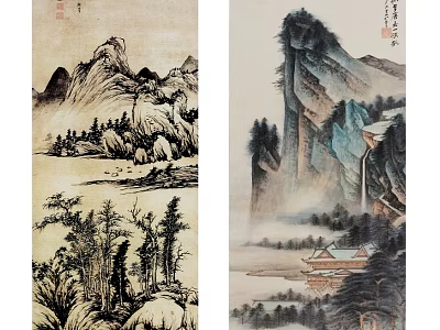 Traditional Chinese Ink Landscape Painting With Mountains Trees And River Scenery 3d model