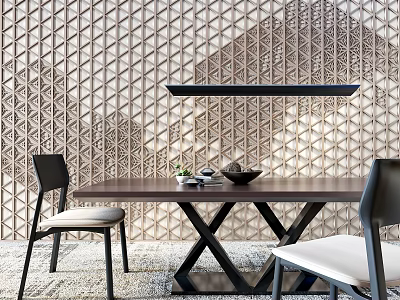Modern Dining Table Set With Wooden Top Black Chairs Long Pendant Light And Geometric Wall 3d model