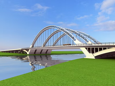 Modern Arch Bridge Over River With Green Grass Blue Sky And Clouds 3d model
