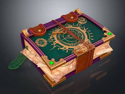 Ornate Decorative Storage Box Featuring Green Gemstones Gold Patterns And Purple Accents 3d model