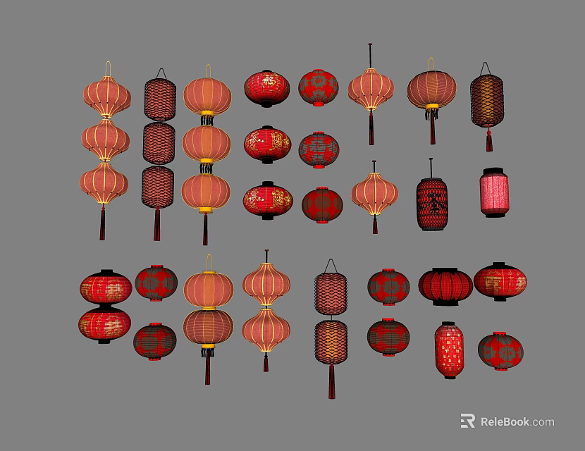 Traditional Chinese Red Orange Lanterns With Various Decorative Designs And Patterns 3d model 
