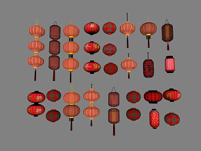 Traditional Chinese Red Orange Lanterns With Various Decorative Designs And Patterns 3d model