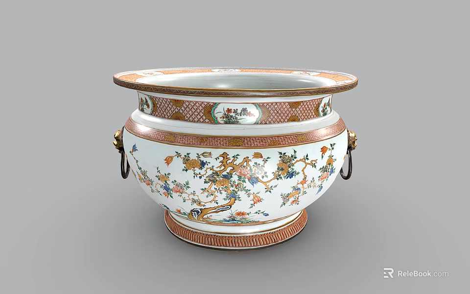 Traditional Ceramic Vessel With Intricate Floral Bird Motifs Gold Accents And Side Handles 3d model 