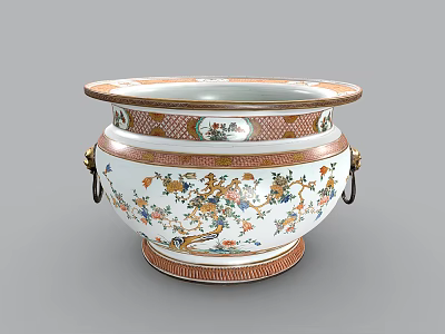 Traditional Ceramic Vessel With Intricate Floral Bird Motifs Gold Accents And Side Handles 3d model
