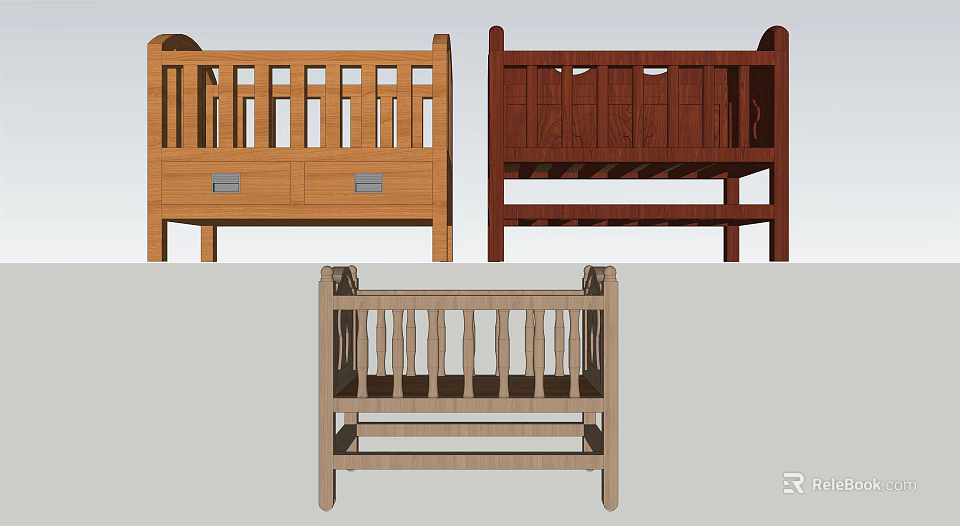 Wooden Baby Cribs With Different Designs Drawer Storage And Slatted Sides 3d model 