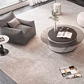 Modern Beige Curved Sofa Round Coffee Table Set with Gray Accent Chair and Plush Rug