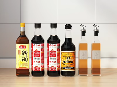 Various Condiment Bottles With Different Labels On Kitchen Counter For Seasonings 3d model