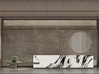 Modern Sales Office With Wooden Lattice Wall Circular Moon Decoration And Marble Reception Desk 3d model