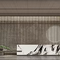 Modern Sales Office With Wooden Lattice Wall Circular Moon Decoration And Marble Reception Desk