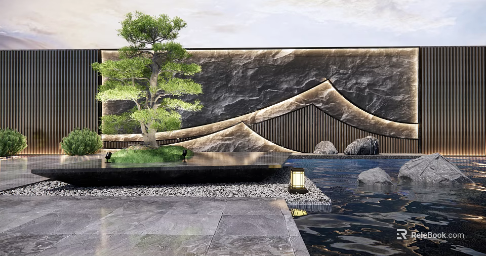 Modern Scenic Feature Wall with Stone Wavy Design Pine Tree Water Pool and Lantern 3d model 