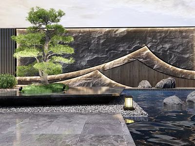 Modern Scenic Feature Wall with Stone Wavy Design Pine Tree Water Pool and Lantern 3d model
