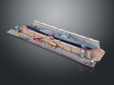 Submarine In Dry Dock With Maintenance Equipment And Surrounding Structures 3d model