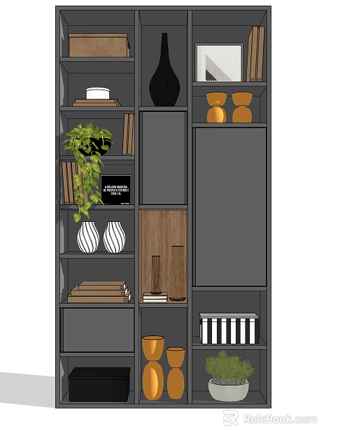Gray Modern Decorative Cabinet With Green Plant Books Vases And Storage Compartments 3d model 