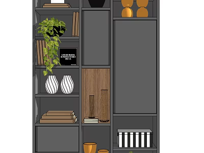 Gray Modern Decorative Cabinet With Green Plant Books Vases And Storage Compartments 3d model