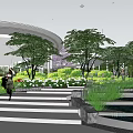 Modern Garden Landscape With Lush Trees Pedestrian Plaza And Architectural View