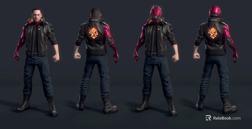 Man Wearing Black Leather Jacket Orange Flame Pattern Red Mechanical Arm Dark Jeans Black Boots 3d model 