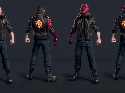 Man Wearing Black Leather Jacket Orange Flame Pattern Red Mechanical Arm Dark Jeans Black Boots 3d model