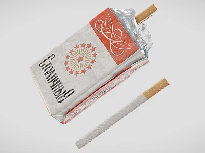 Open Cigarette Pack With Foil Wrapper And Single Cigarette 3d model