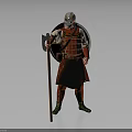 Ancient Warrior In Red Armor With Green Boots Holding Axe And Shield 3d model