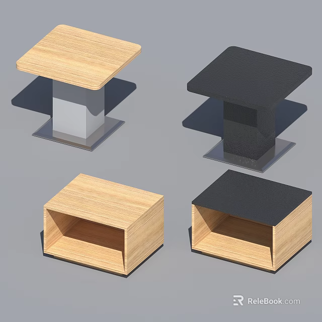 Wooden And Black Cube Storage Boxes With Square Tops And Different Designs 3d model 