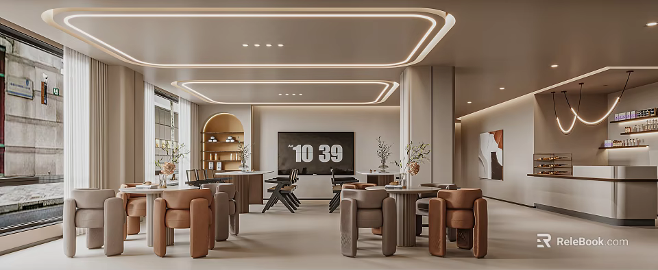 Modern Storefront Reception With Sofas Tables And Decorations 3d model