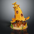 Cartoon Scene With Straw Roof Round Windows Wooden Door Ladder And Green Grass