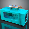 Blue Utility Vehicle With Silver Copper Pipes Transparent Front Window And Black Wheels