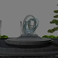 Garden Ornament With Transparent Glass Sculpture Circular Stone Platform Fountains And Green Plants