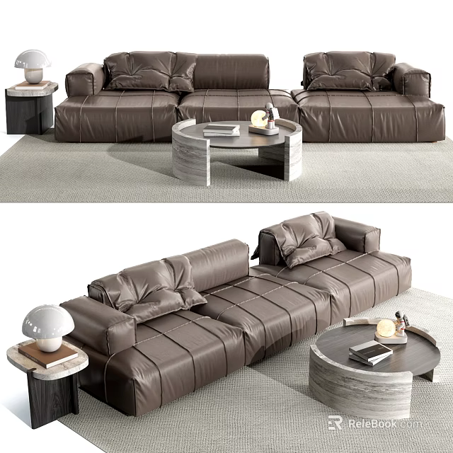 Brown Leather Three Seater Sofa in Modern Living Room with Coffee Table and Lamp 3d model 