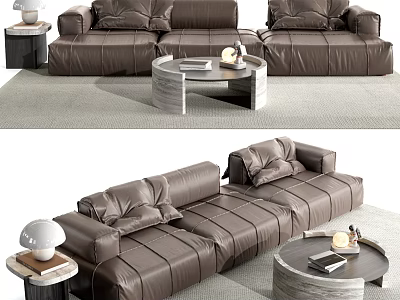 Brown Leather Three Seater Sofa in Modern Living Room with Coffee Table and Lamp 3d model