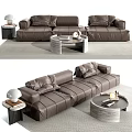 Brown Leather Three Seater Sofa in Modern Living Room with Coffee Table and Lamp