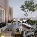 Courtyard Garden Design With Various Plants Outdoor Seating Paved Floor And Ambient Lighting