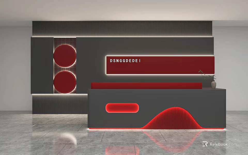 Modern Reception Area Interior Design With Curved Desk And Backlit Red Signage 3d model 