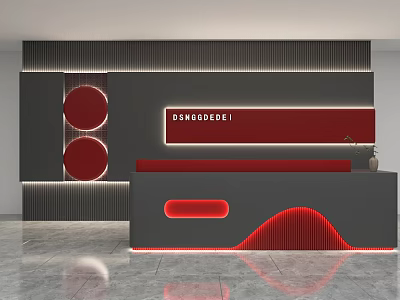 Modern Reception Area Interior Design With Curved Desk And Backlit Red Signage 3d model