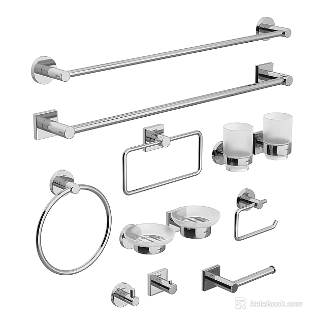 Modern Bathroom Hardware Accessories Set Featuring Stainless Steel Towel Bars Rings Holders 3d model 