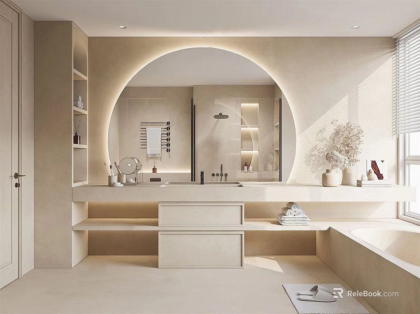 Modern Minimalist Bathroom Interior With Round Mirror Vanity Bathtub And Shelves 3d model 