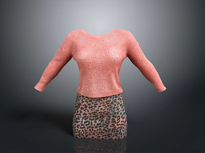 Pink Knitted Sweater With Long Sleeves And Leopard Print Mini Skirt Casual Outfit 3d model