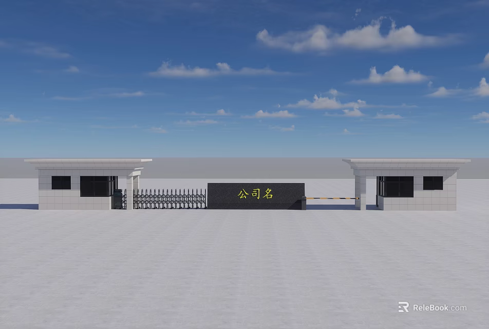 Company Entrance Gate With Office Building Wings And Gold Lettering Sign Under Blue Sky 3d model 