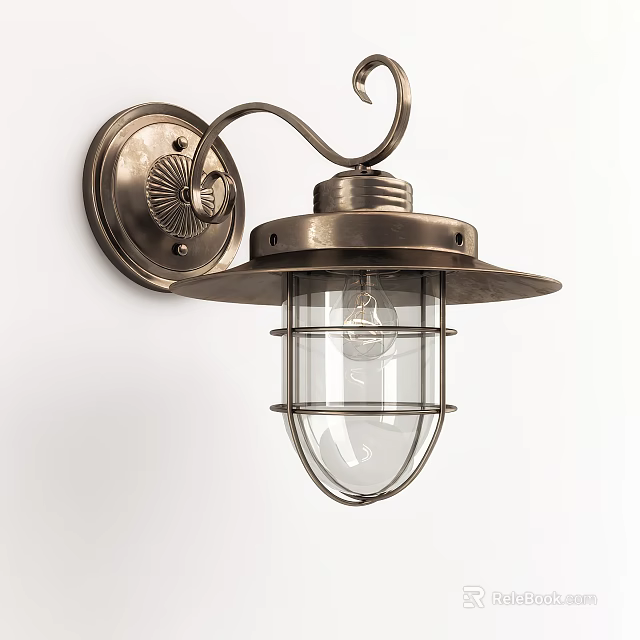 Vintage Metal Wall Lamp Featuring Glass Shade And Decorative Metal Cage 3d model 