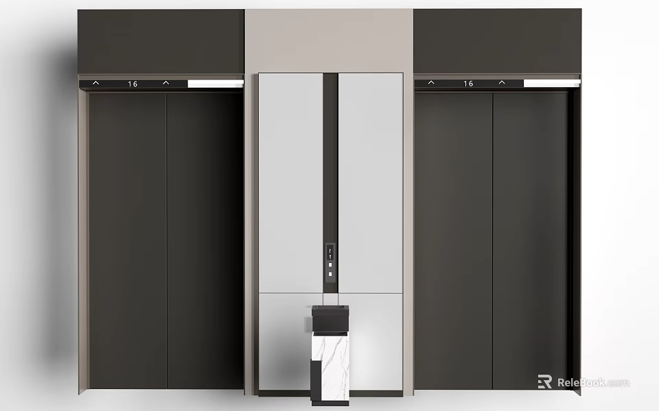 Modern Hotel Elevator Lobby With Black And White Elevator Doors And Decorative Panels 3d model 